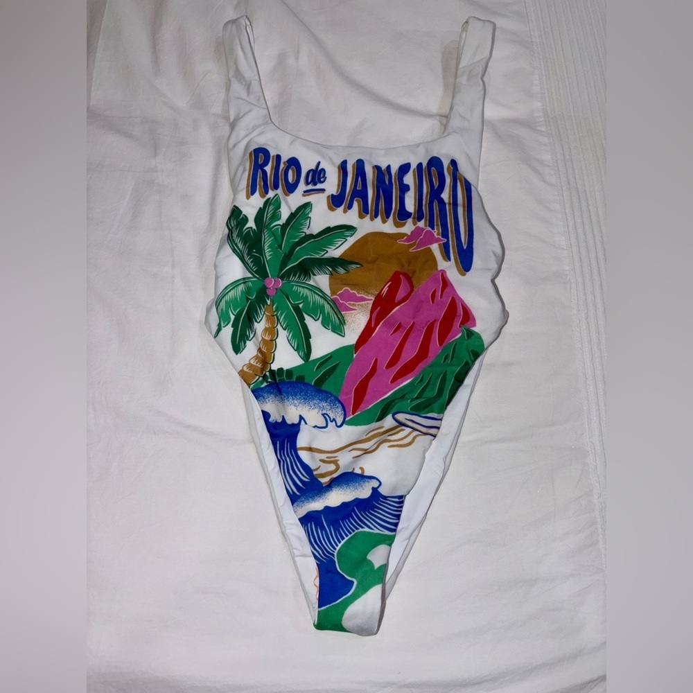 Farm Rio White Carioca Posters One-Piece Swimsuit / Bathing suit / Swim - Picture 4 of 6